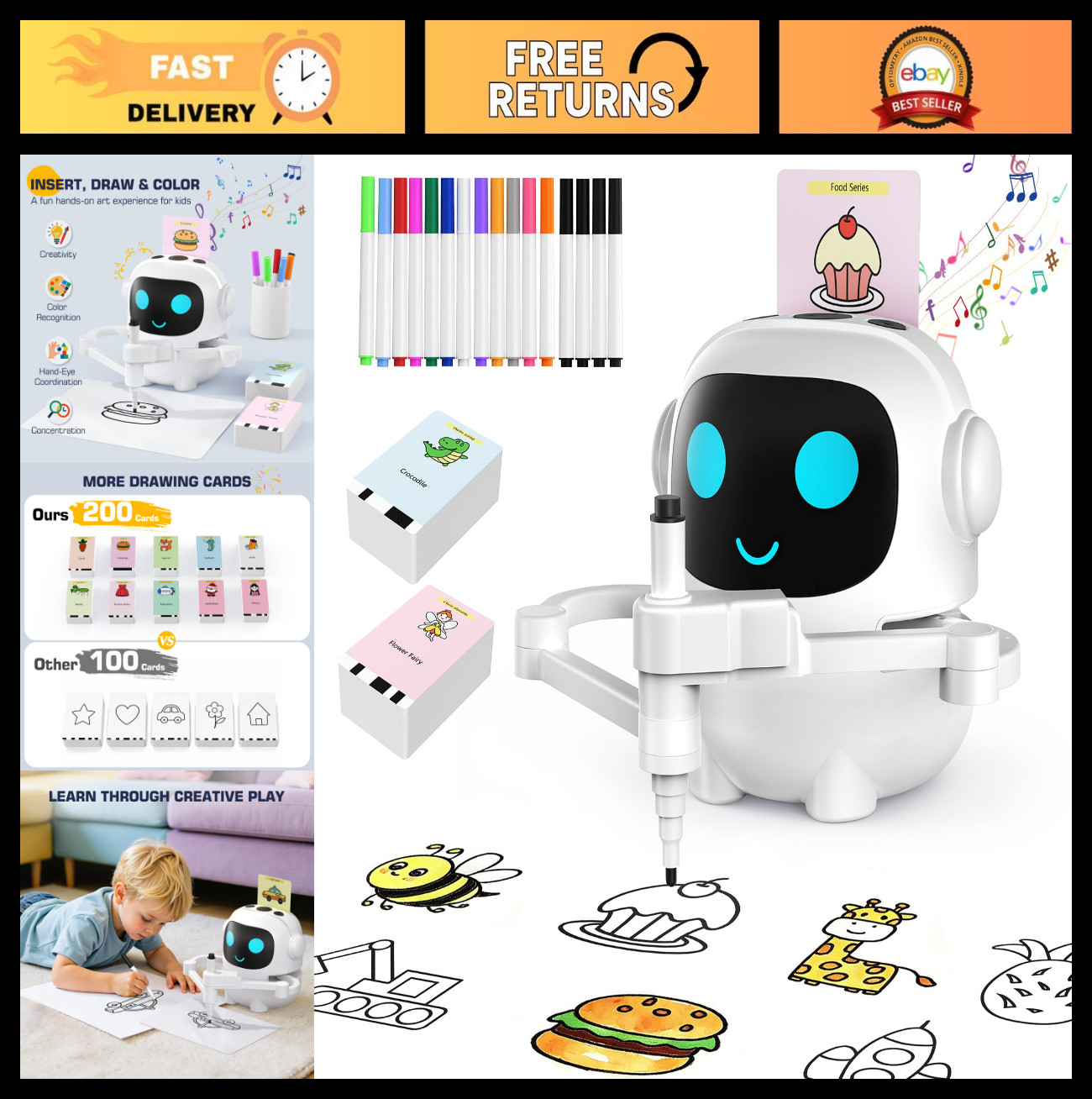Interactive Drawing Robot Toy for Kids, 200 Cards, Voice & Music, Montessori Gif