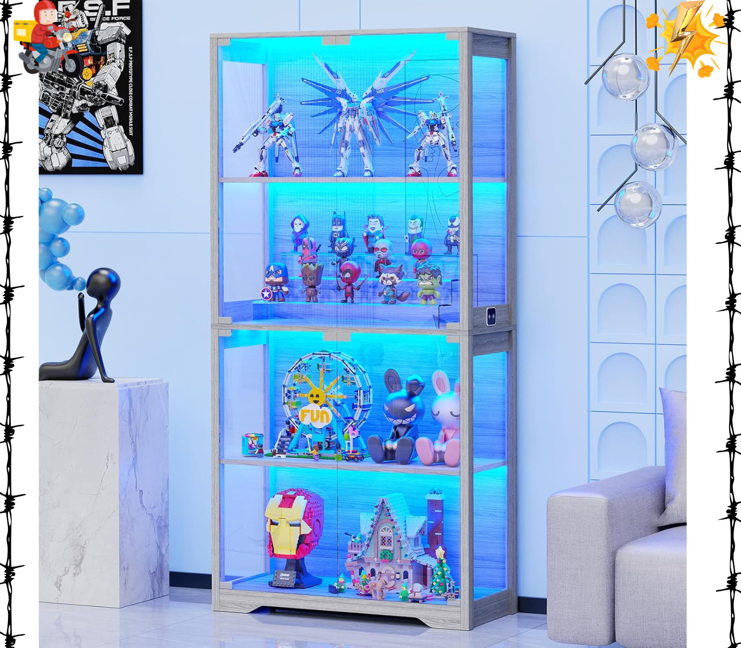 Display Cabinet with Glass Doors, 4-Tier Curio Cabinet with 3 Color Lights for