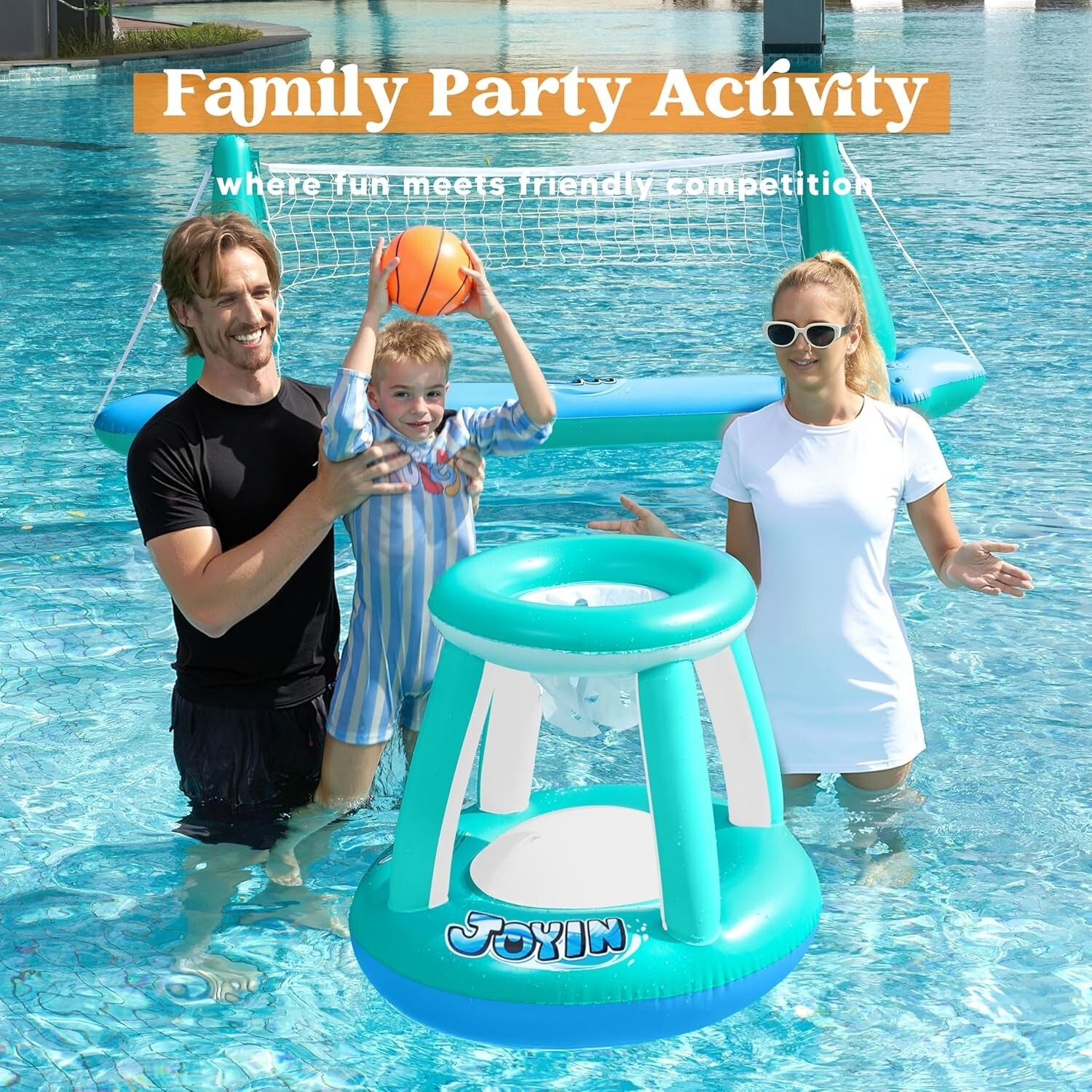 JOYIN XL Inflatable Pool Float Set, 125” Volleyball Net & Basketball Hoops,