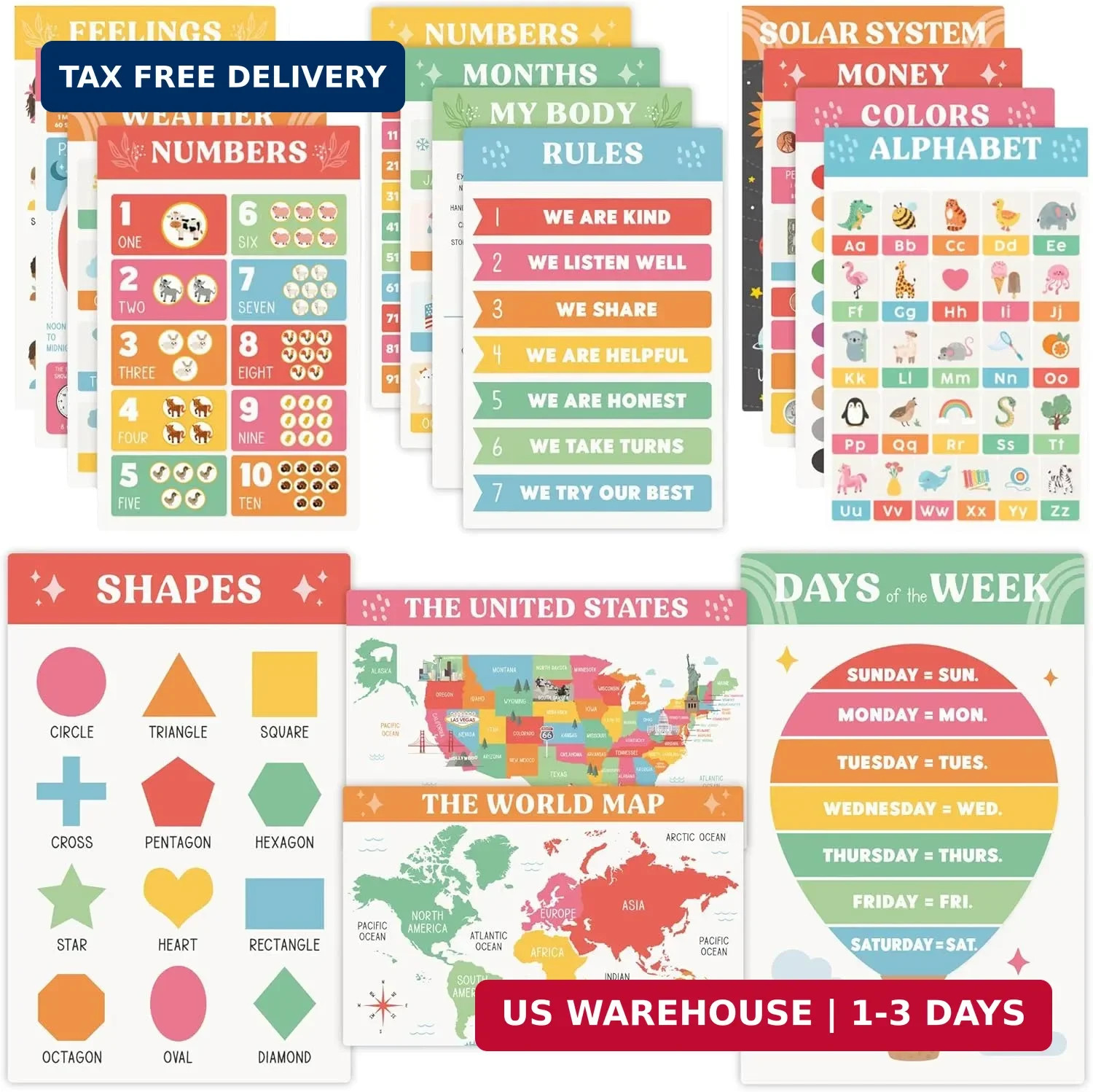 Fun Educational Posters for Toddlers – Set of 16 Easy to Read Learning Posters f
