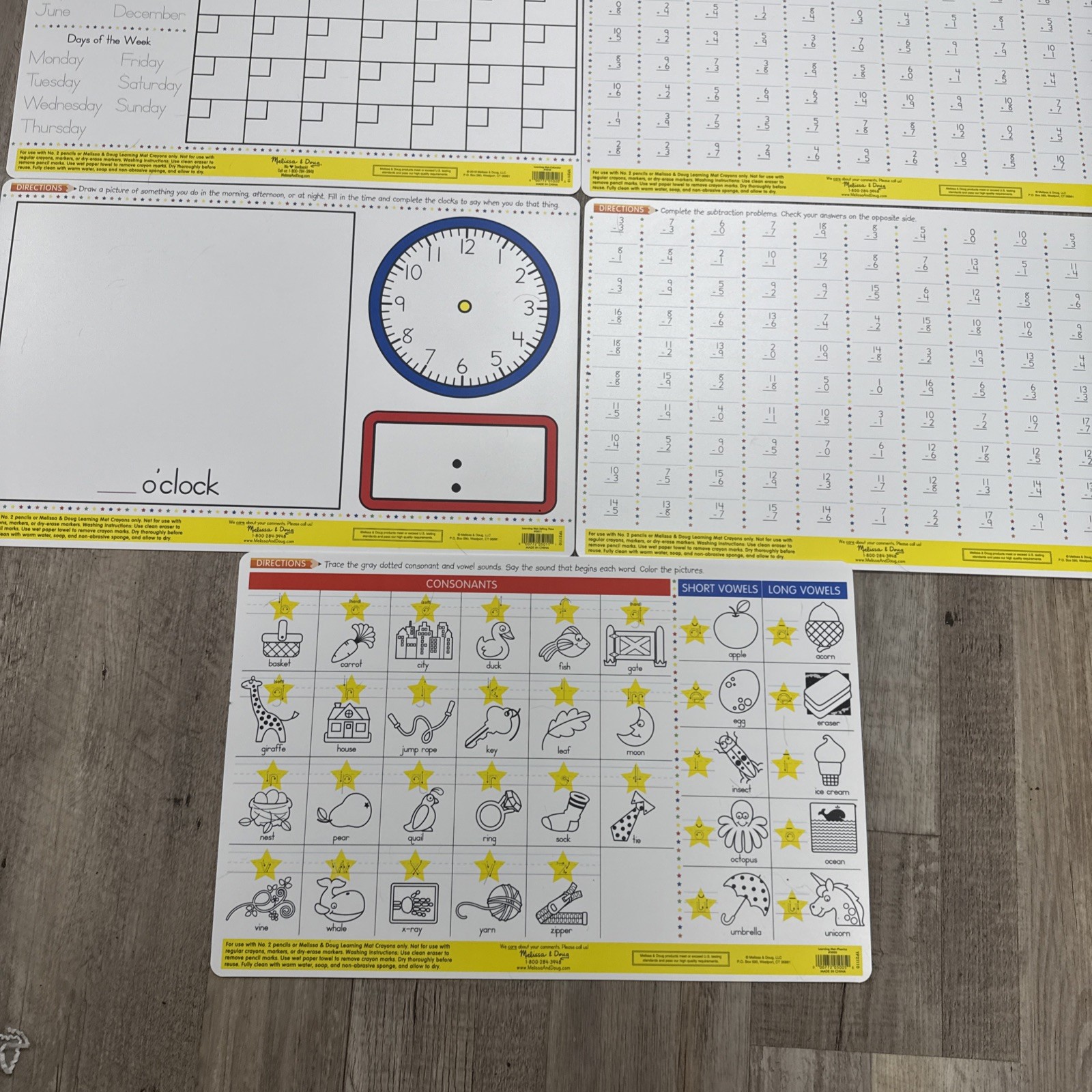 Melissa & Doug Double Sided Learning Mats Lot x5 Time, Phonics, Calendar, + & –