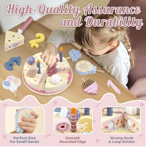 Wooden Kids Kitchen Toy Birthday Cake Pretend Play Cutting Food Educational Gift