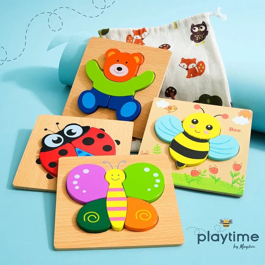 Montessori Wooden Toddler Puzzle Set – Educational Toys for Ages 1-3 (4 Pack)