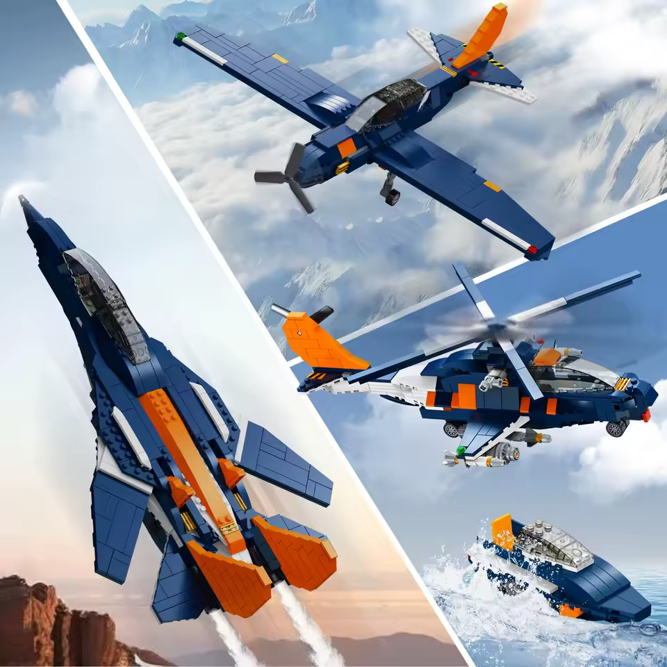 HOGOKIDS 3 in1 Fighter Jet Plane Building Sets Military Propeller Aircraft Gunsh