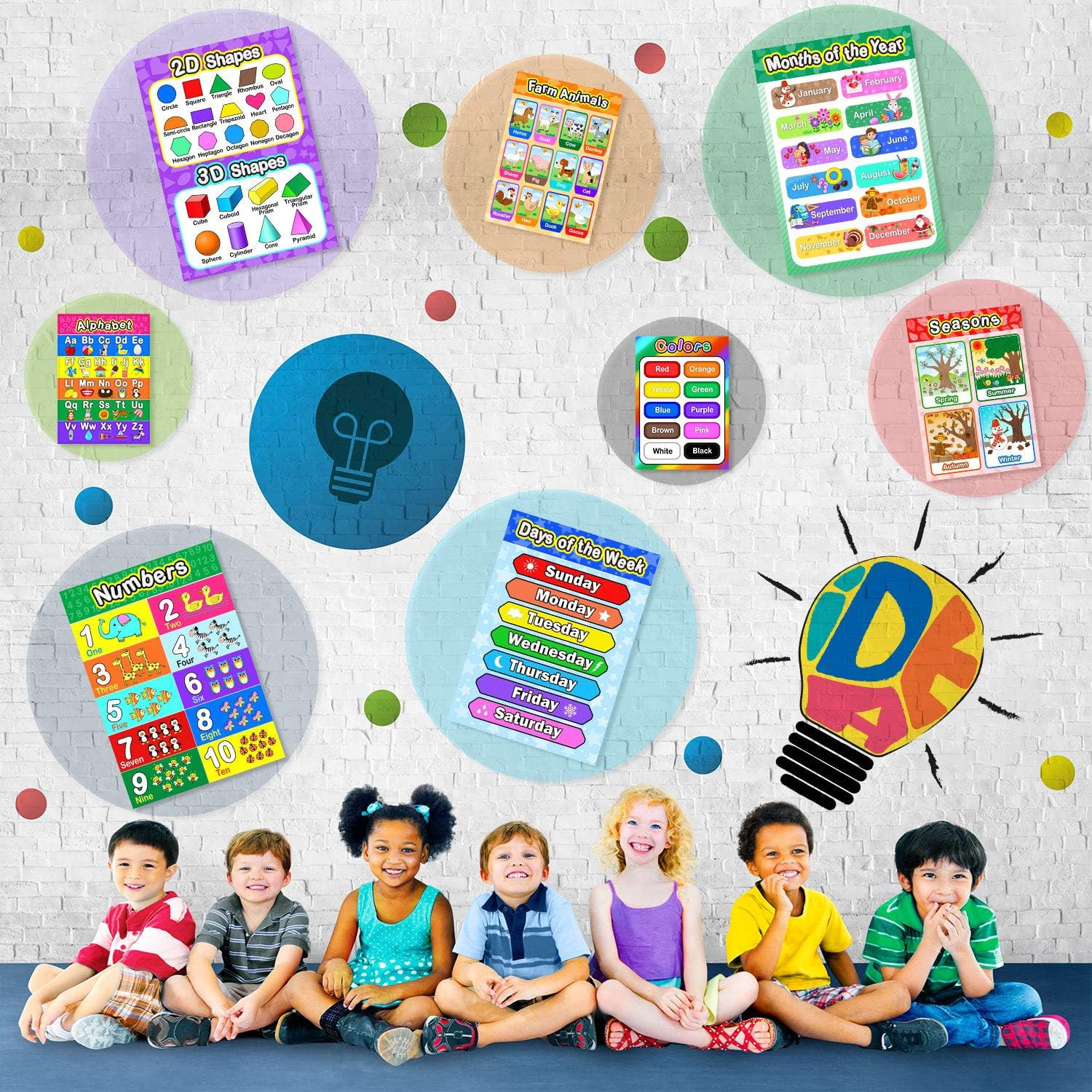 Educational Preschool Posters Set with Glue Dots, Toddler Learning, 16×11 Inch