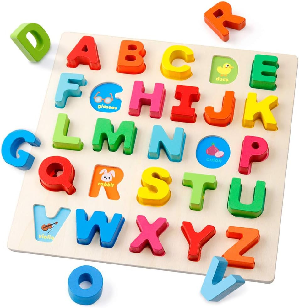Wooden Alphabet Puzzle – ABC Letters Sorting Board Blocks Montessori Mat