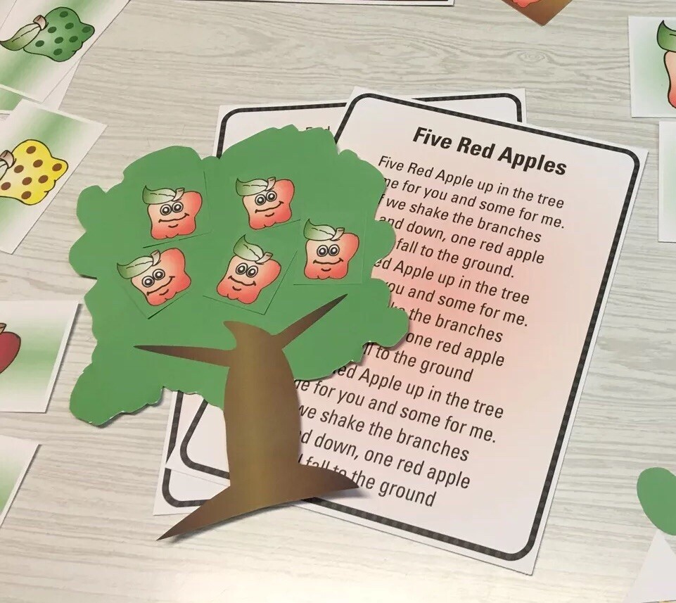 Five Red Apples – FLANNEL /FELT BOARD STORY Pieces and song sheet – Apples