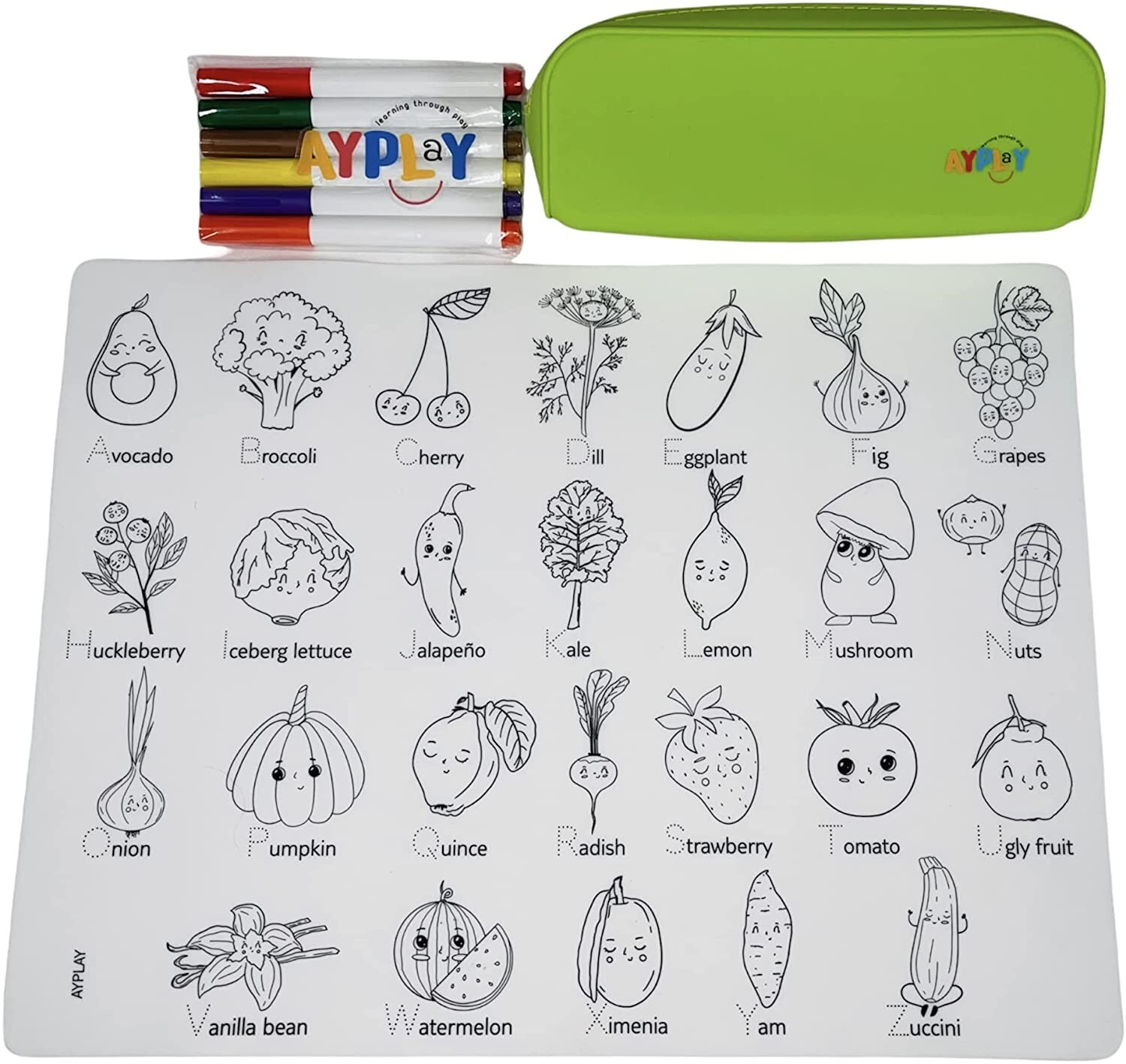 AYPLAY Food Alphabet – Kids Placemat – Fruits & Veggies from A to Z – 16”x12”