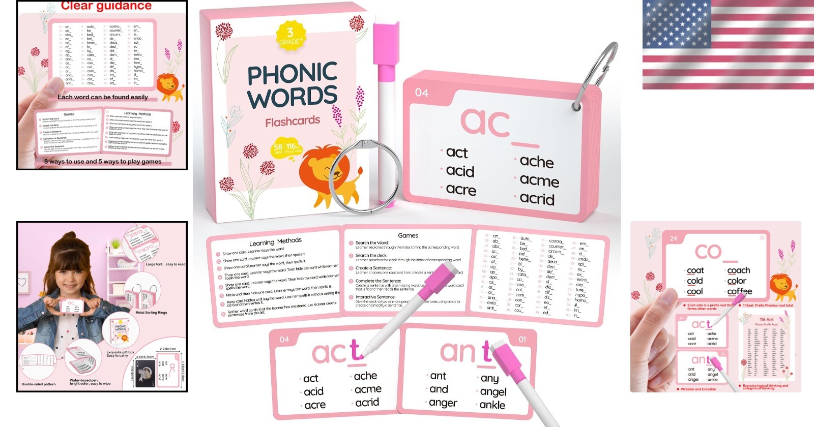 Durable Phonics Prefix Flash Cards Set – 116 Cards for Ages 4-12 Learning