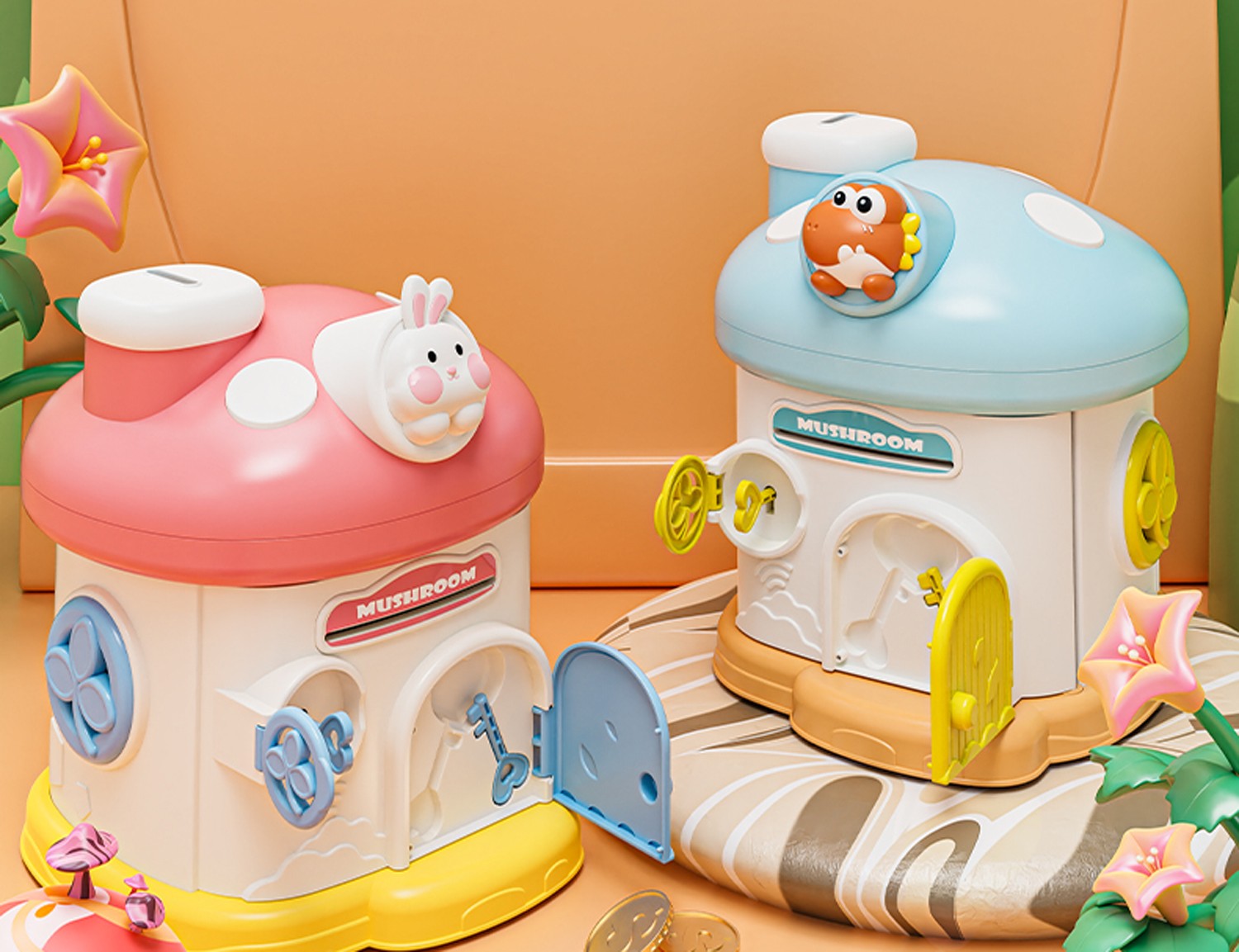 Whimsical Mushroom Piggy Bank Variation Listing with Secure Lock and Keys