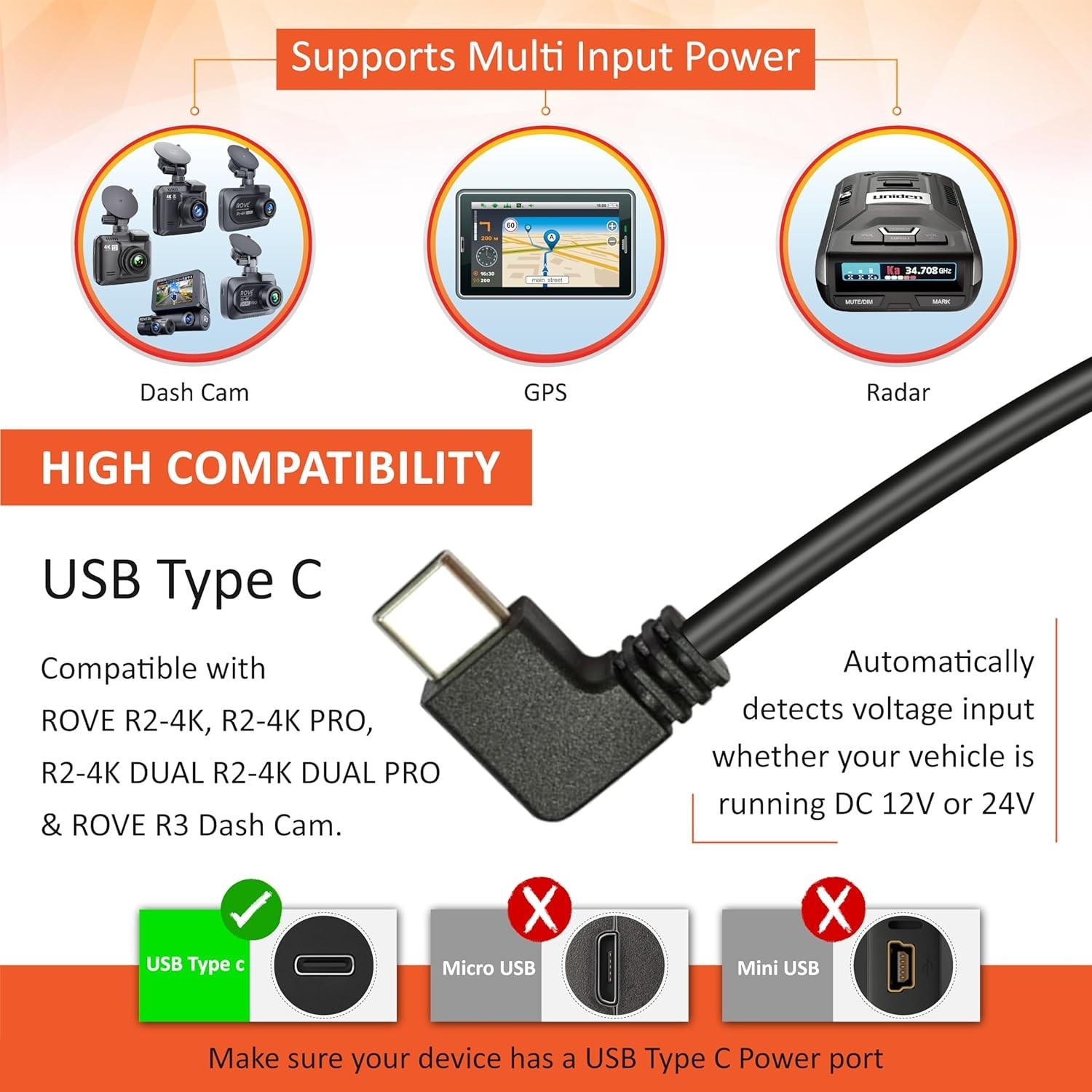 ROVE Ultimate Dash Cam Hardwire Kit with USB-C Port for R2-4K, R2-4K PRO, R2-
