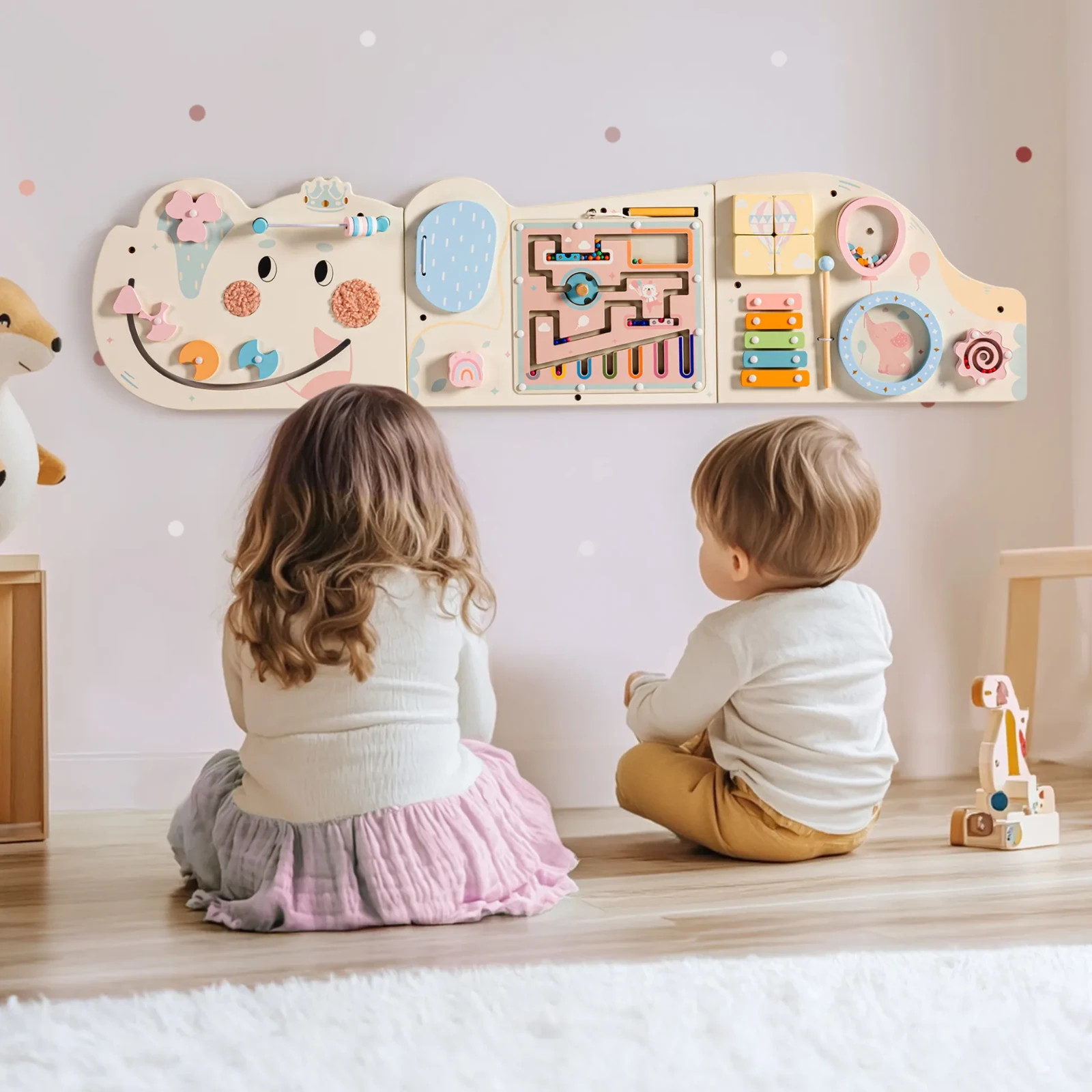 ROBUD Wooden Cream Elephant Busy Board Montessori Sensory Wall Toy for 1-3 kids