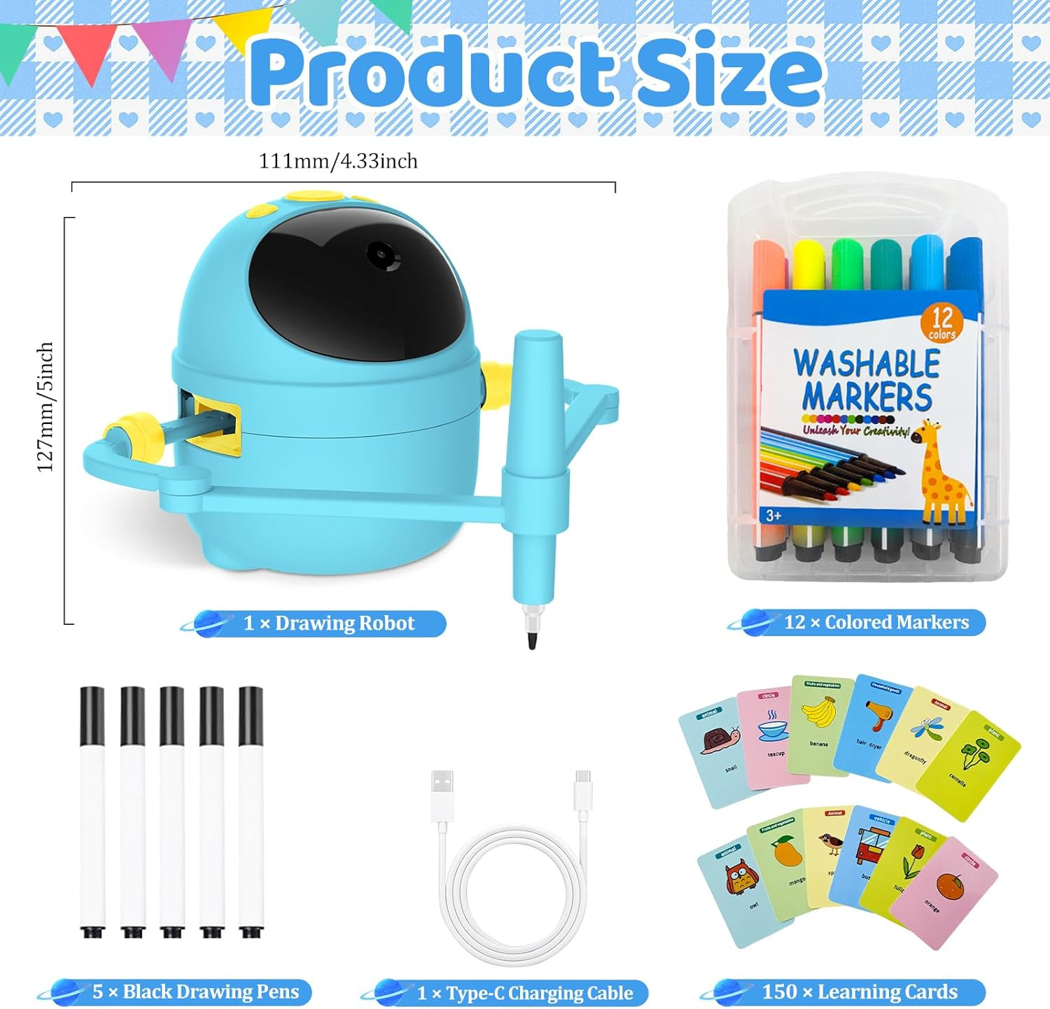Drawing Robot for Kids with Card-Sensing Camera, 150 Learning Cards and 17 Color