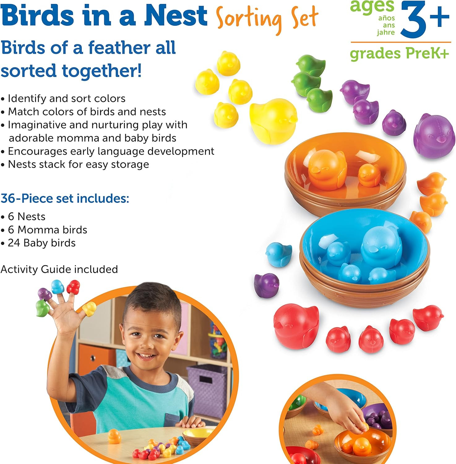 Birds in a Nest Sorting Set – 36 Pieces, Ages 3+ Toddler Learning Toys, Educatio
