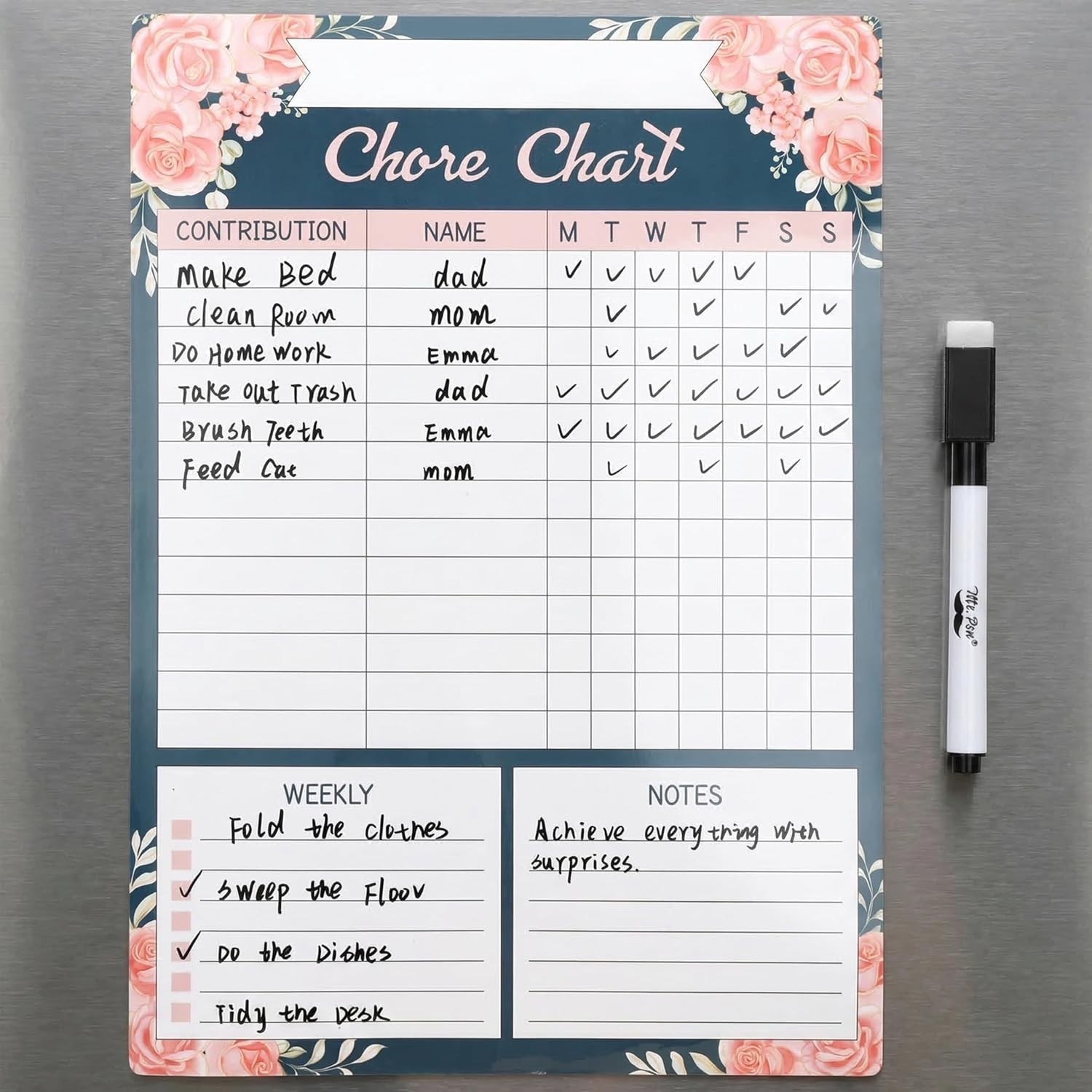 Fridge Magnetic Dry Erase Chore Chart 17×12 Floral Weekly Responsibility Tracker