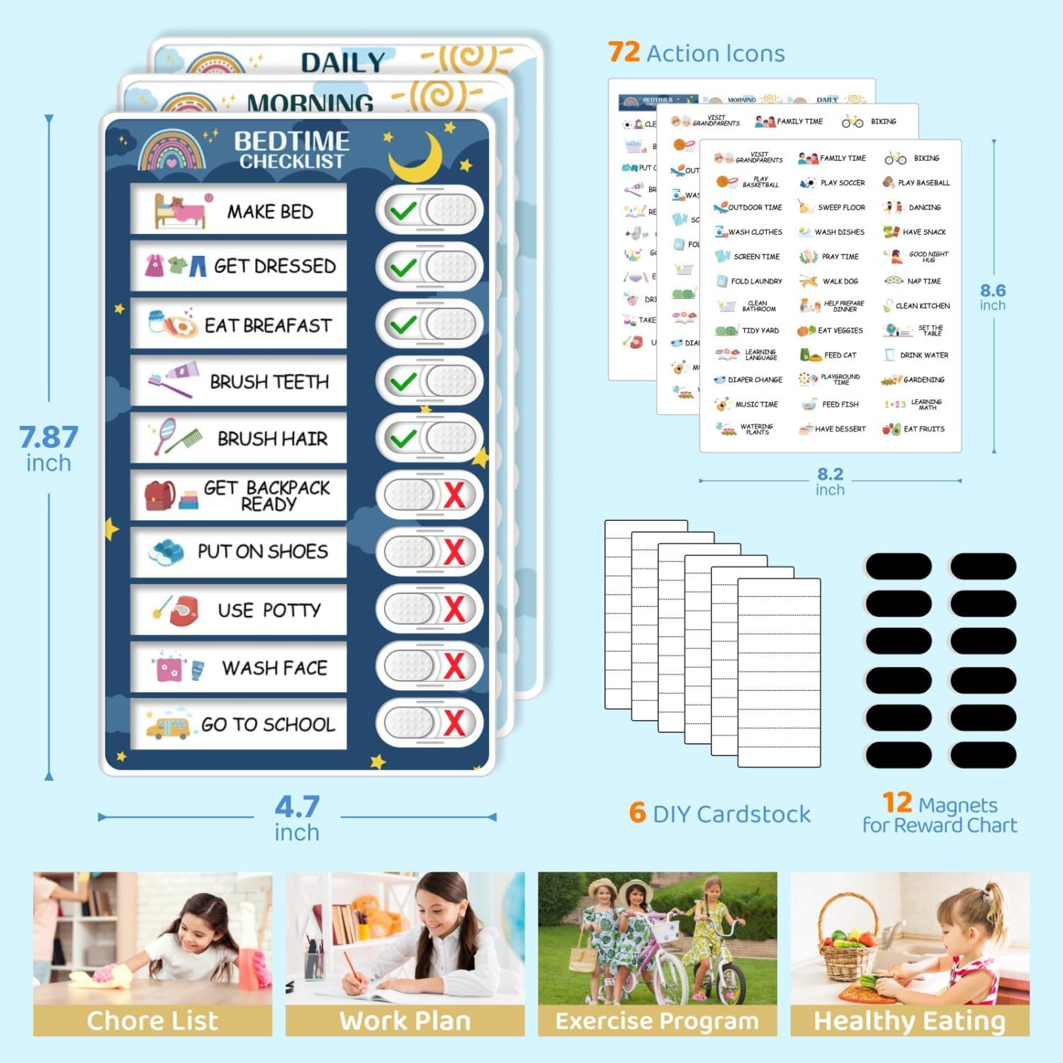 3 in 1 Bedtime/Morning/Daily Routine Chart for Kids, Magnetic Chore Chart for Ki