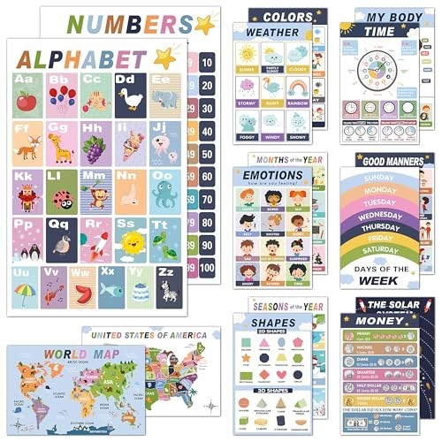 16 Educational Posters for Preschool & Kindergarten, Laminated Classroom Charts