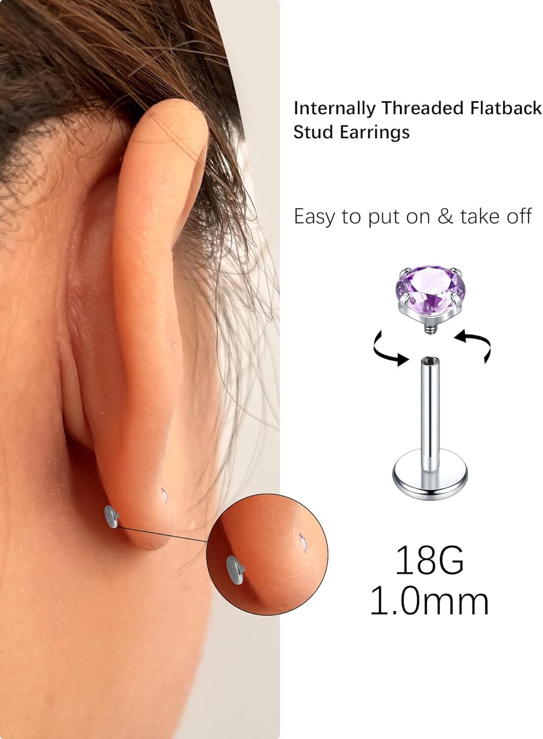 Oveta Titanium Flat Back Studs Earrings for Tragus Cartilage Piercing Jewelry