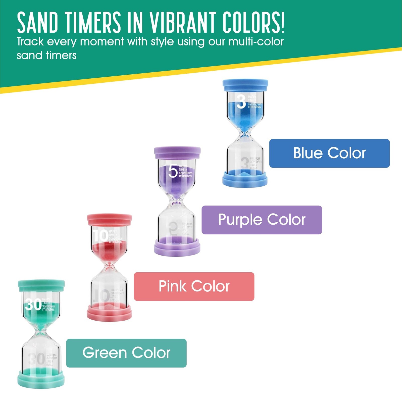 Sand Timer for Kids 4 Pack Colorful Hourglass 3min, 5mins, 10mins, 30mins San…