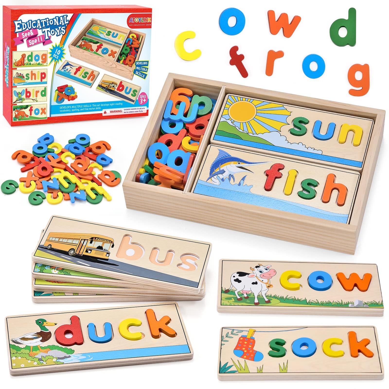 Wooden Spell Learning Toys for 2 3 4 5 Year Old Match Letter Spelling Game Bo…
