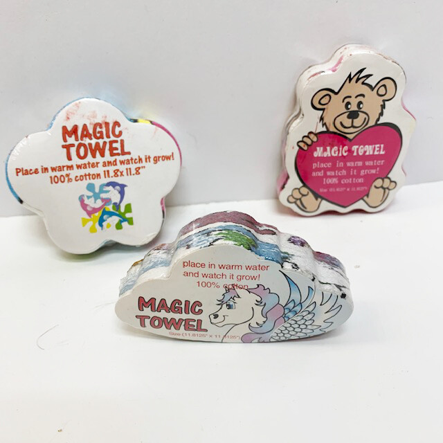 New Set Of 3 New Magic Towels Growing Unicorn, Bear, Dolphins Kids Fun Toy