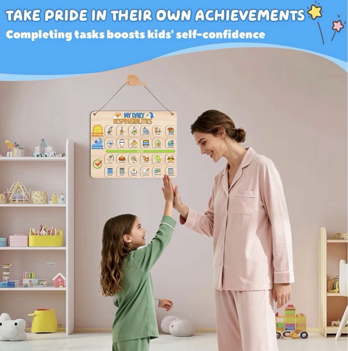 Kids Daily Responsibility Chart Wooden Morning & Bedtime Routine Board