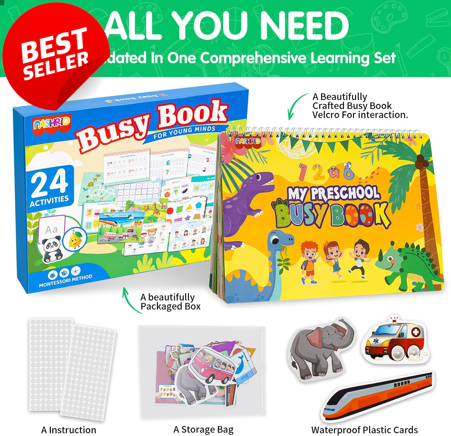 Montessori Busy Book 24 Themes Preschool Learning Activities Toddlers 3-5 – US