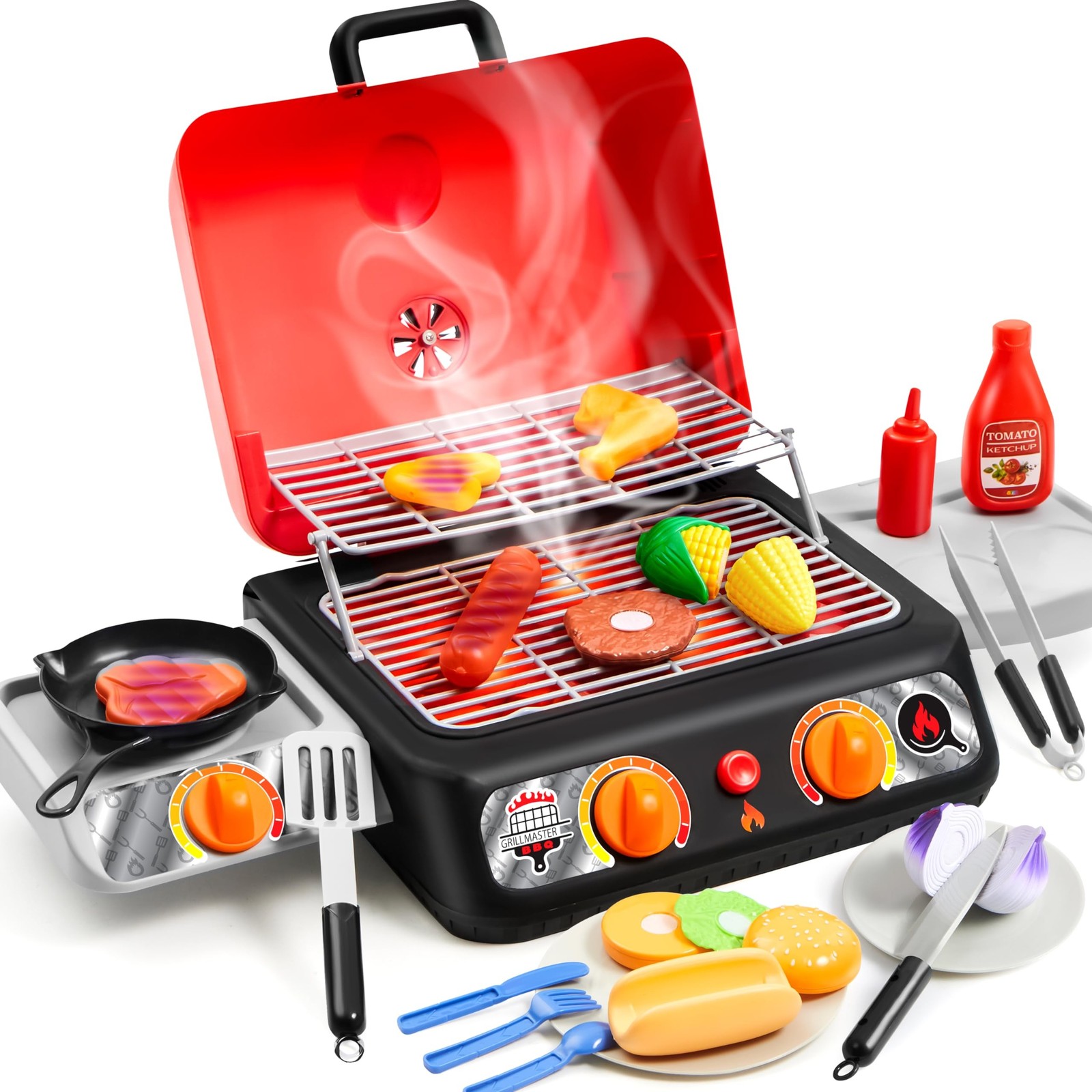 Kids BBQ Grill Playset, Kitchen Toy Set with Pretend Smoke, Light, Sound & Co…