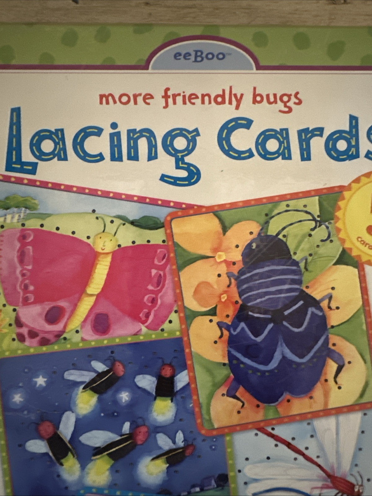 Vintage 2004 eeBoo More Friendly Bugs Lacing Sewing Cards 5 Cards & Laces