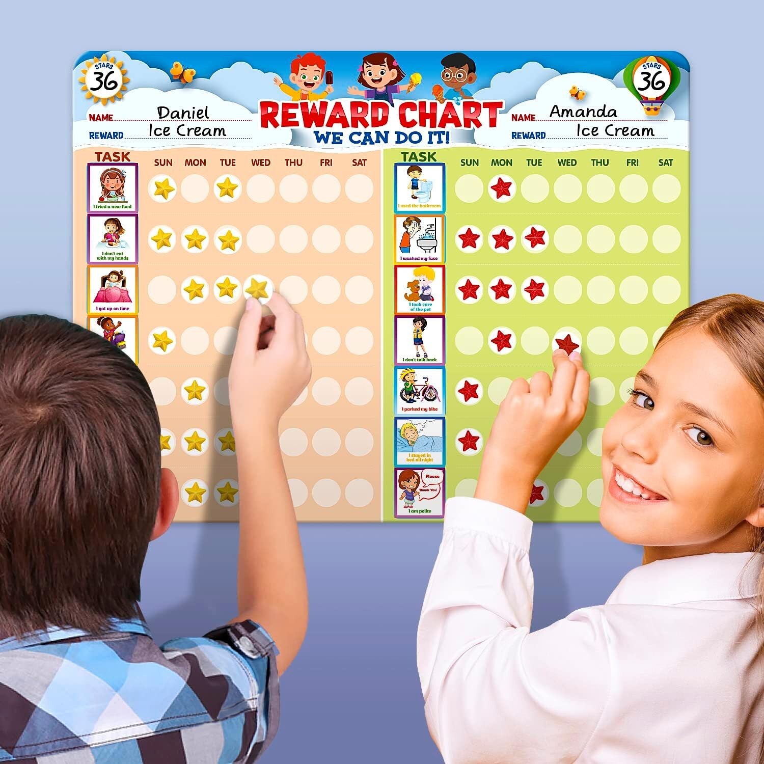 Educational Magnetic Chore Chart for 2 Children with Dry Erase Functionality