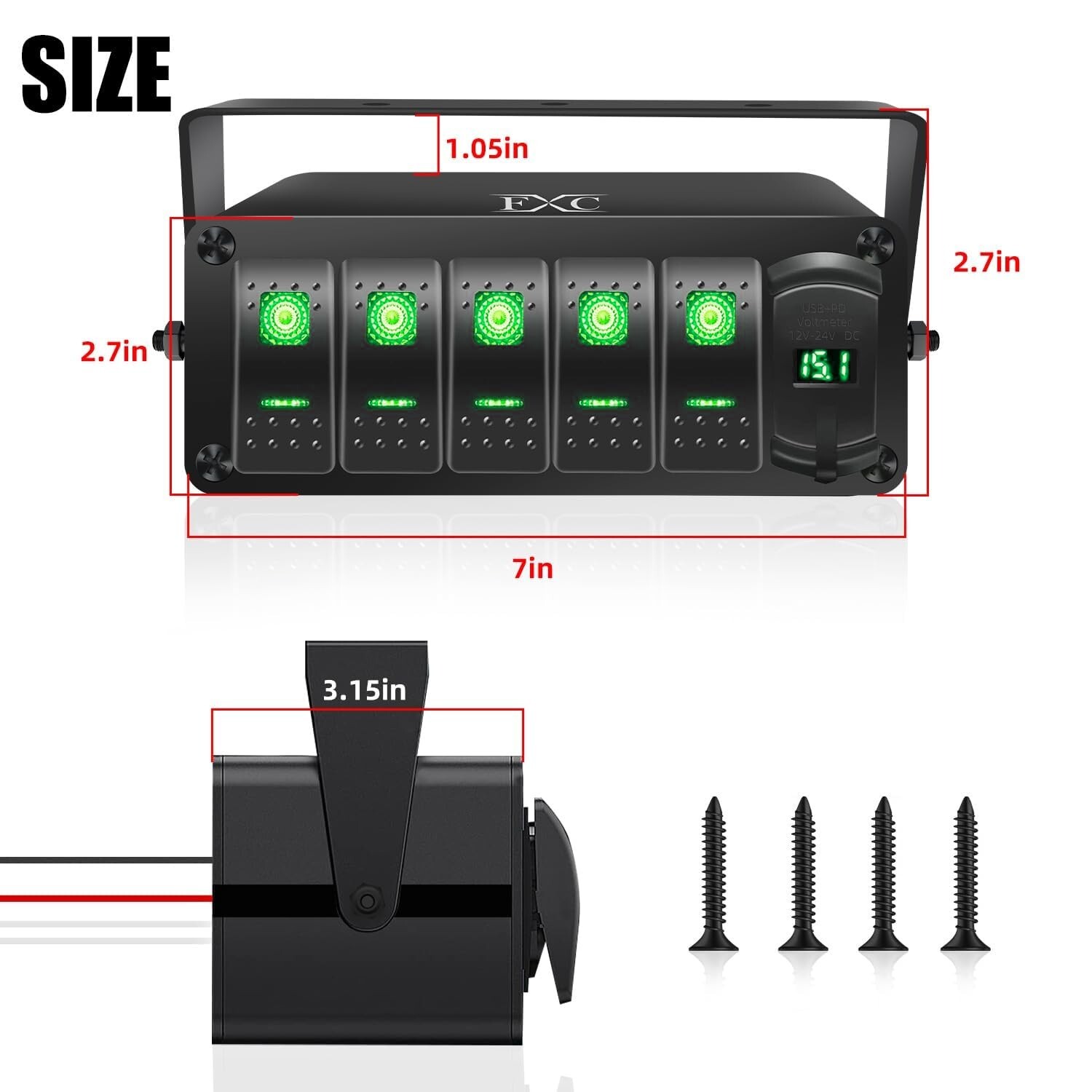 FXC 5 Gang Aluminum Rocker Switch Panel Green Backlit with PD Type C and QC 3…