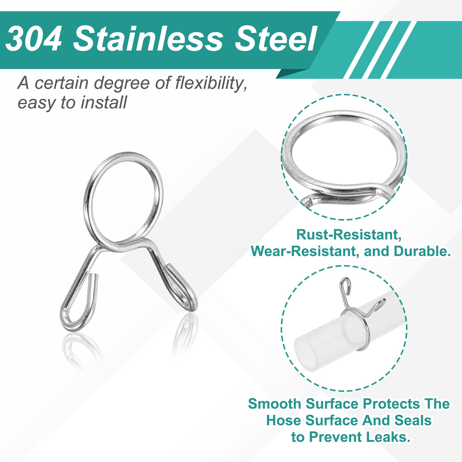 20Pcs 8mm ID 9.3mm Clamp Dia Silver Fuel Line Hose Clips Steel Spring Clips