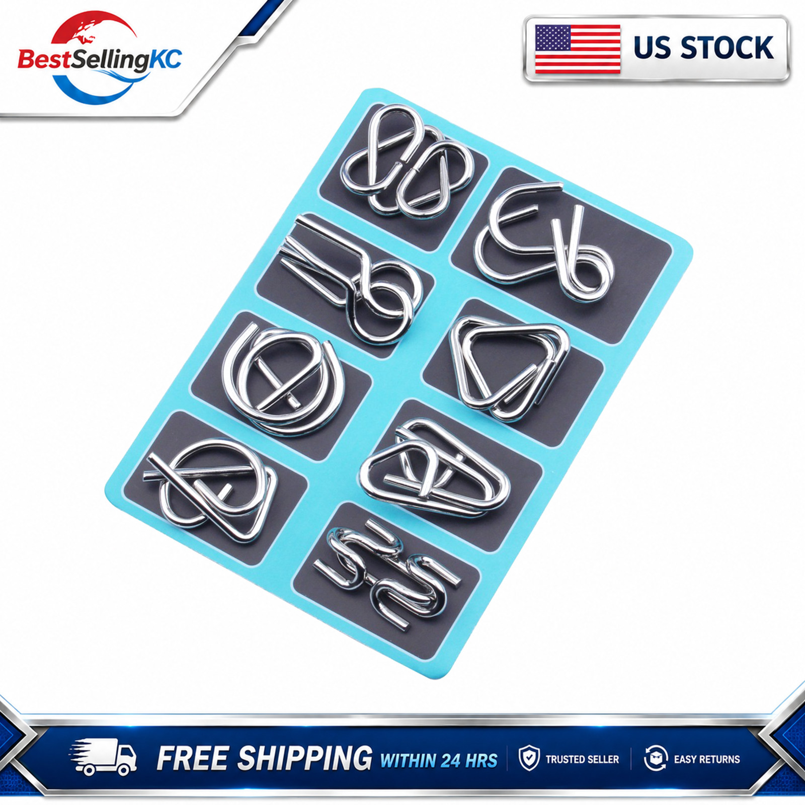 8PCS Metal Wire Puzzle Set Blue Brain Teaser Toy Educational Gift