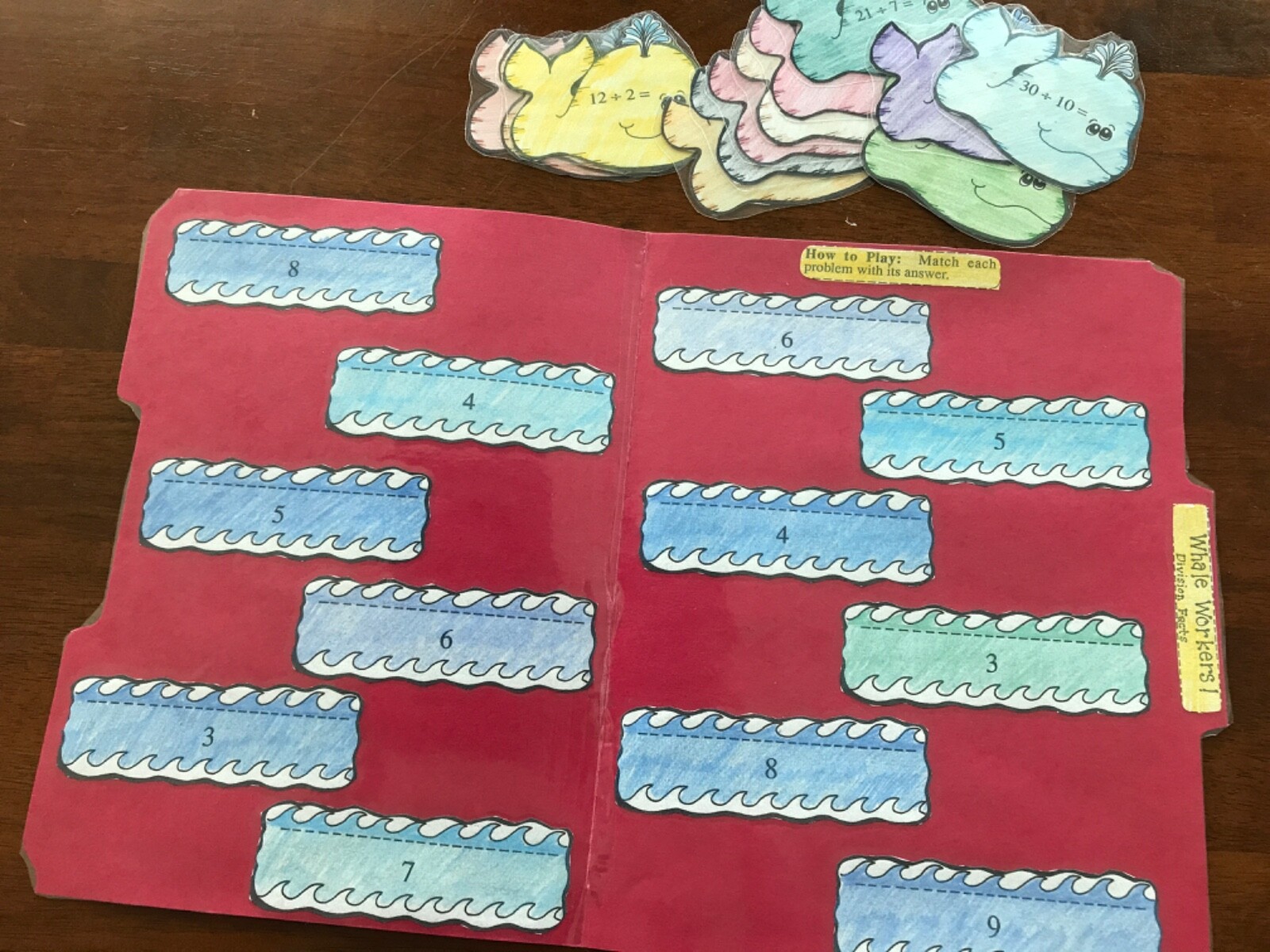 Whale Workers! Division facts Grade 3-4 math file folder game teacher