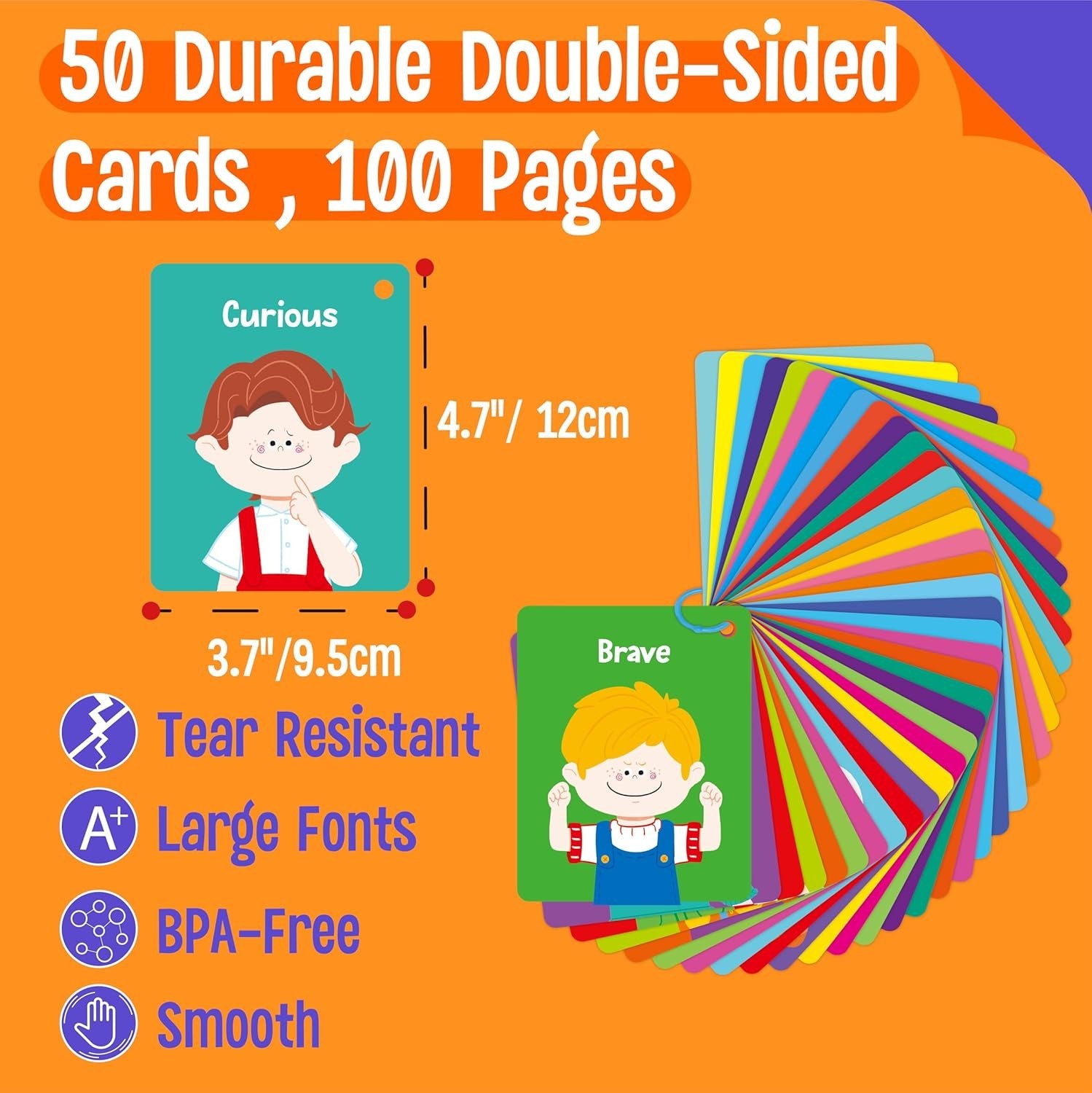Double-Sided Kids Emotion Flashcards – 50 Cartoon Faces & Skills for Therapy