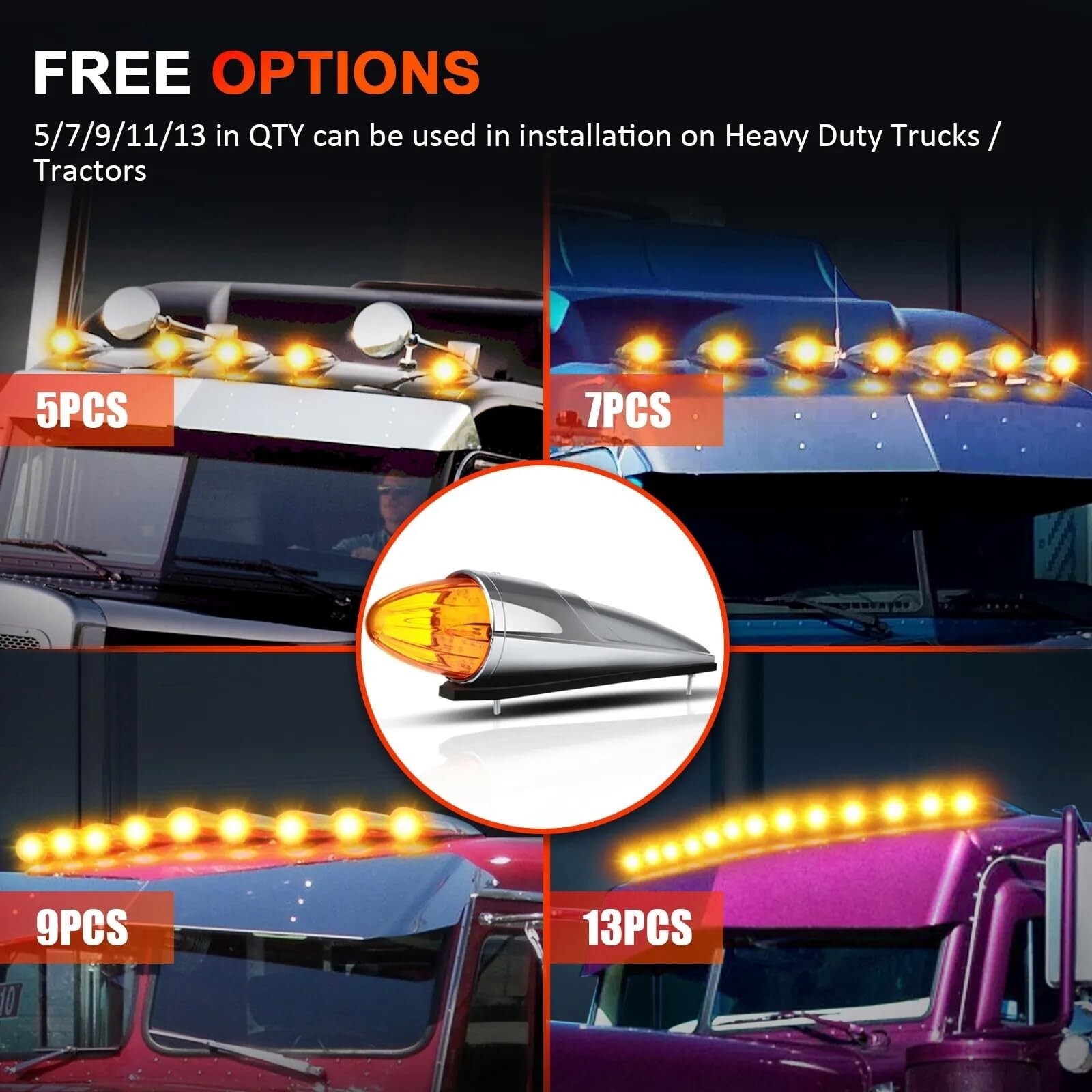 5Pcs Cab Marker Roof Running Amber Torpedo Top Lights Assembly Super Bright L…