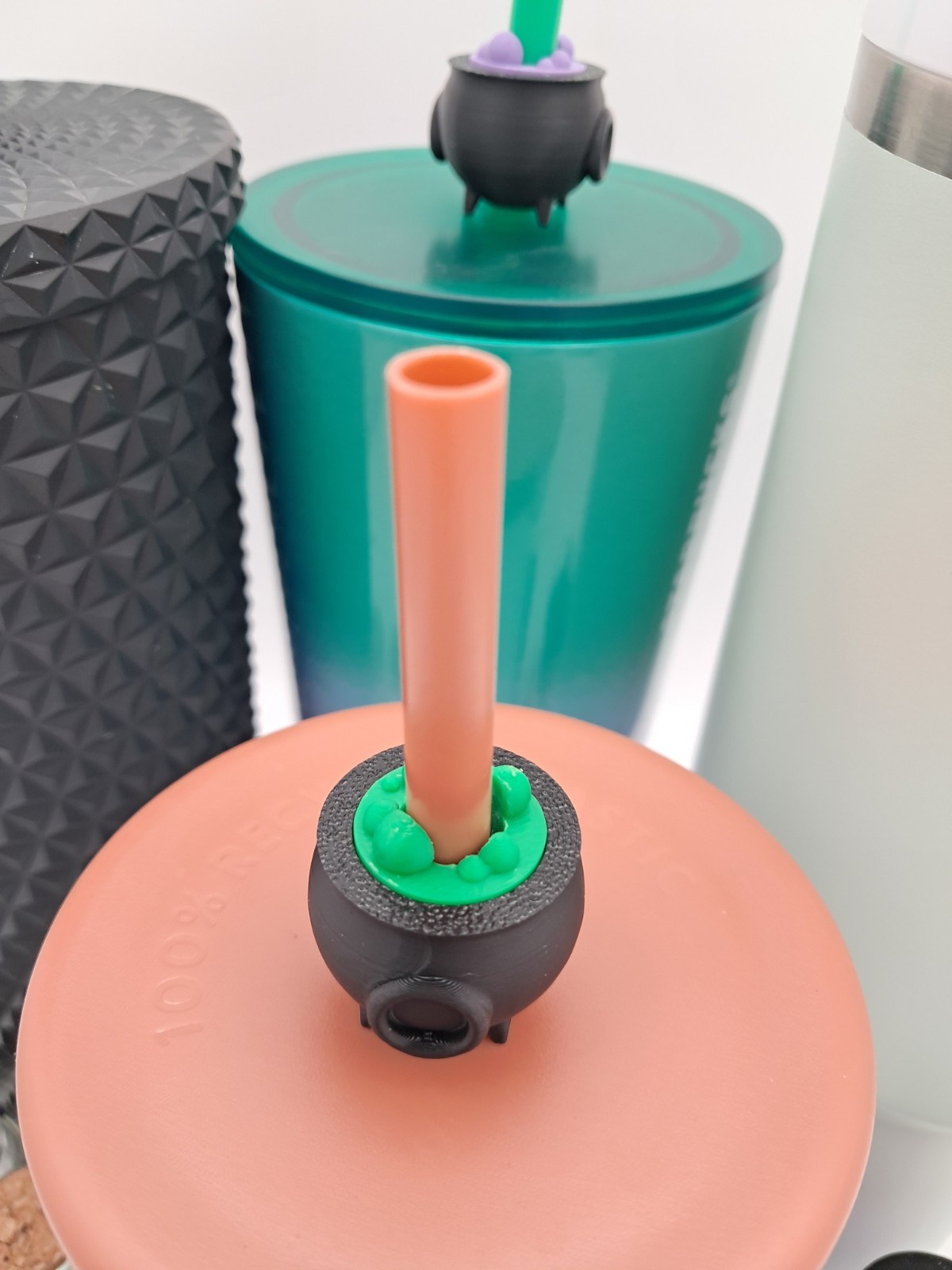 3D Printed Spooky Cute Witch Cauldron Straw Topper – Reusable Straw Accessory