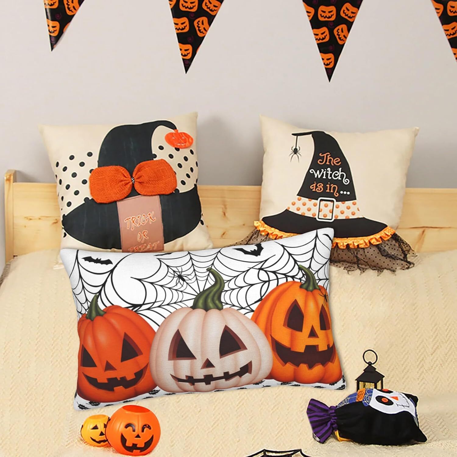 Halloween Lumbar Pillow Cover 12×20 Inches Pumpkin Bat Spider Web Throw Lumbar