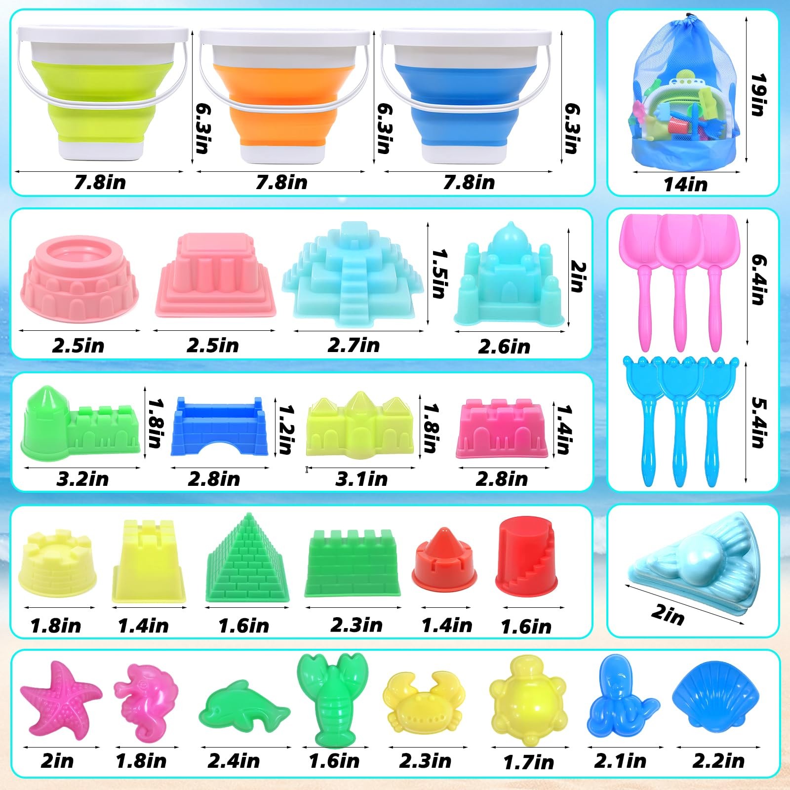 Collapsible Beach Toys Age-appropriate size for kids aged 3-10, Multicolored
