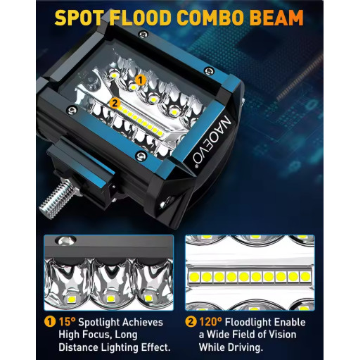 NAOEVO 4” LED Pod Lights 60W Spot Flood Work Fog Driving Lamp 2PCS 12V 24V