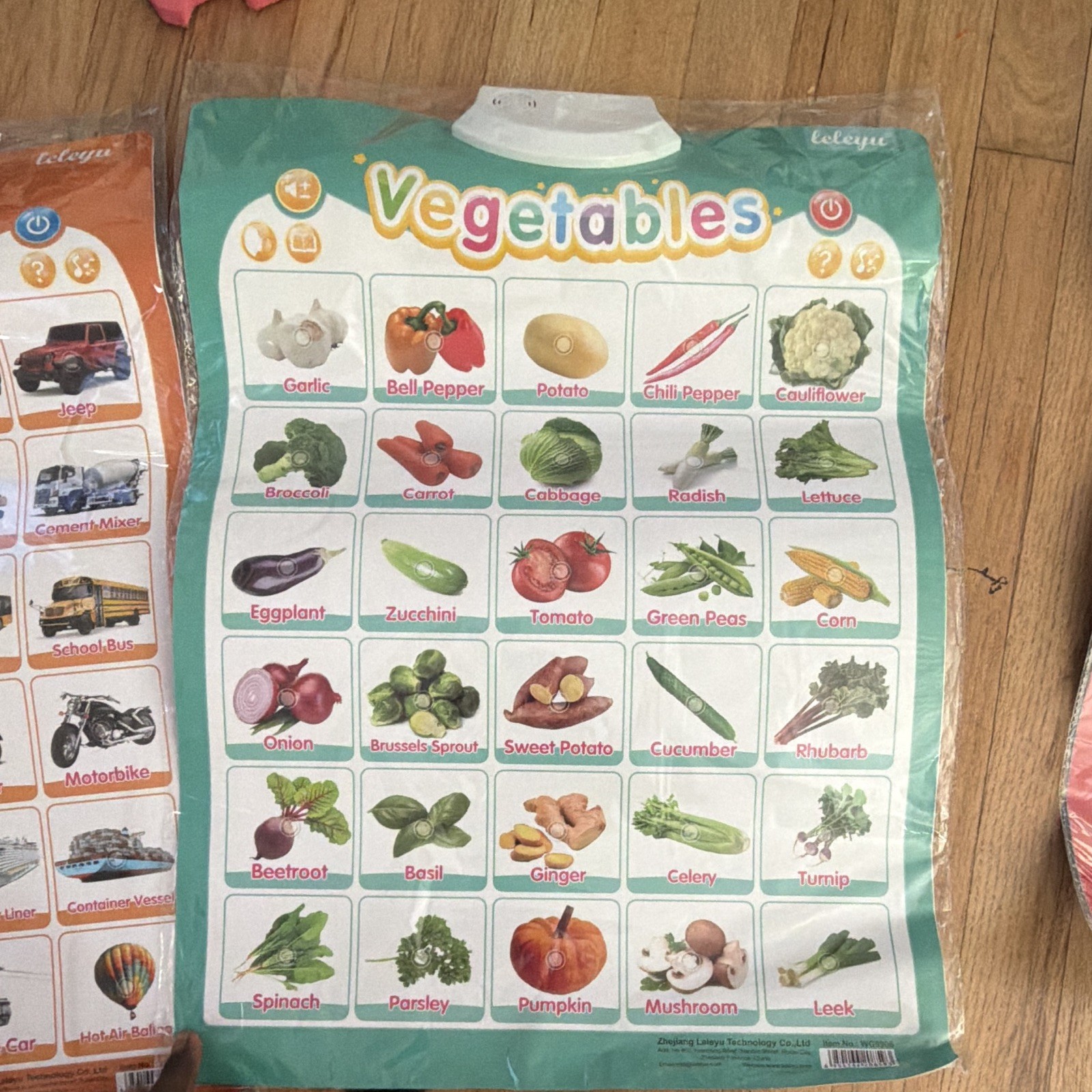 leleyu Vocabulary Poster Set Fruits Vegetables Vehicles Age 4+