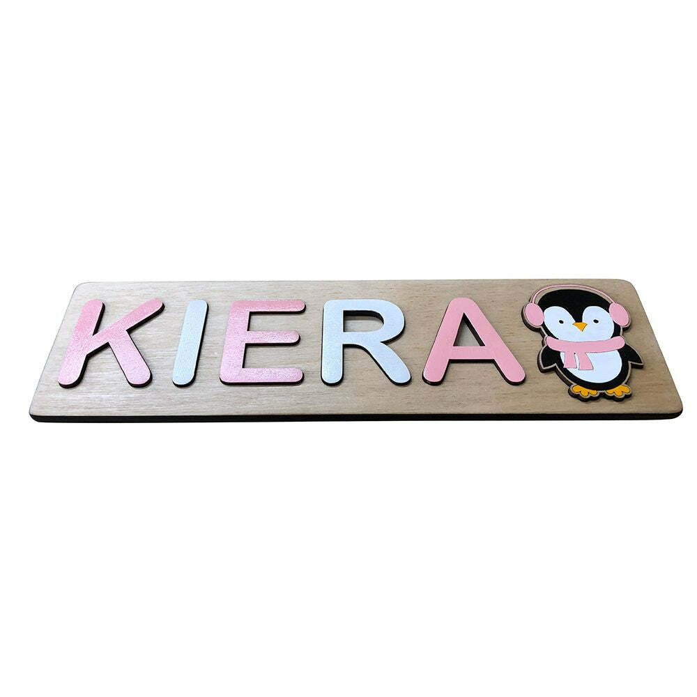 Personalized 3D Wooden Name puzzle with Cute Penguin Personalized Birthday Gift
