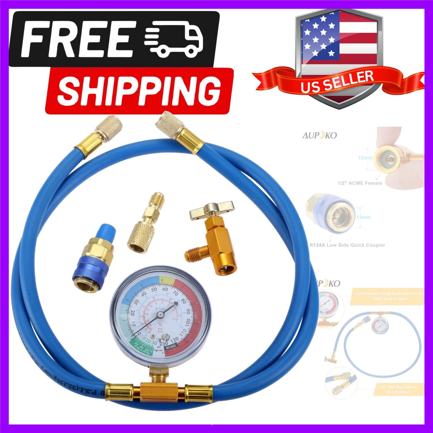 R134A Recharge Hose Kit with Gauge, 59” AC Refrigerant Recharging Hose with …