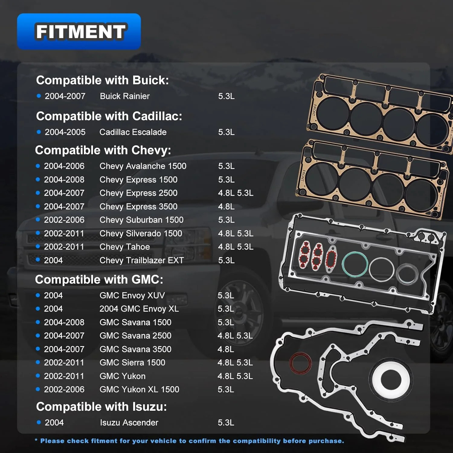 5.3 4.8 MLS Full Cylinder Head Engine Gasket Kit Compatible with 2002-2011 Chevy