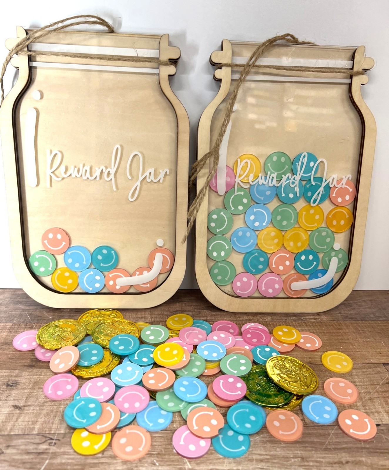 2 Wooden & Acrylic Reward Jar With Colorful Smiley Face Tokens