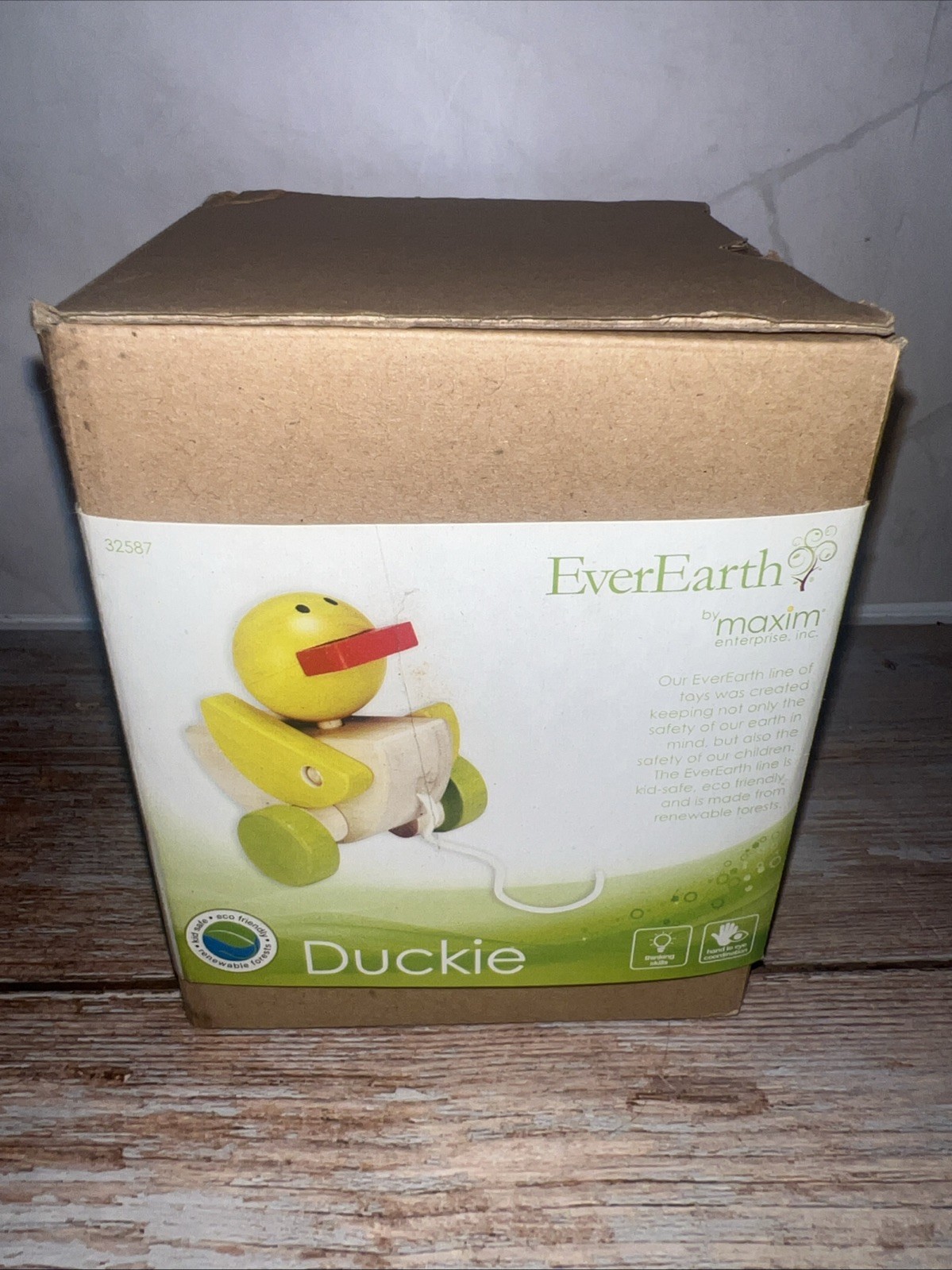 2009 Everearth Pull Along YELLOW DUCK RARE wooden Toddler/Baby Toy Ever Earth~