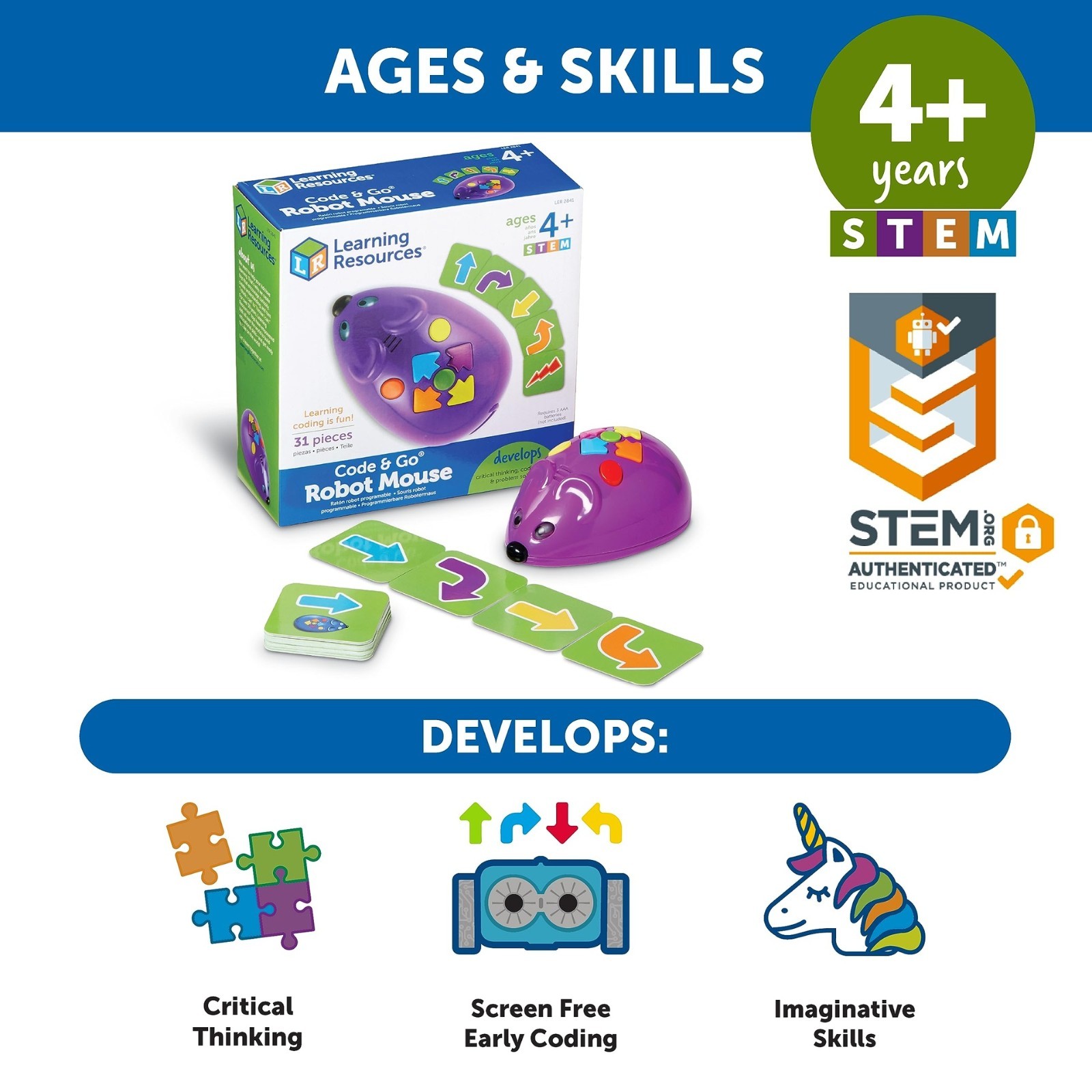 Learning Resources Code & Go Robot Mouse, Coding STEM Toy, 30 Piece Coding Set