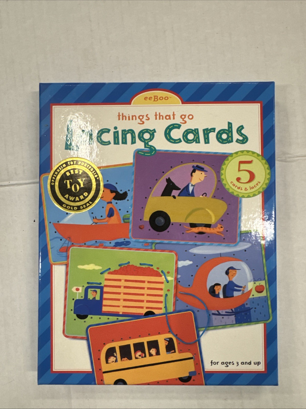 EUC 2003 eeBoo “Things That Go” Lacing Cards with 5 Cards & Laces