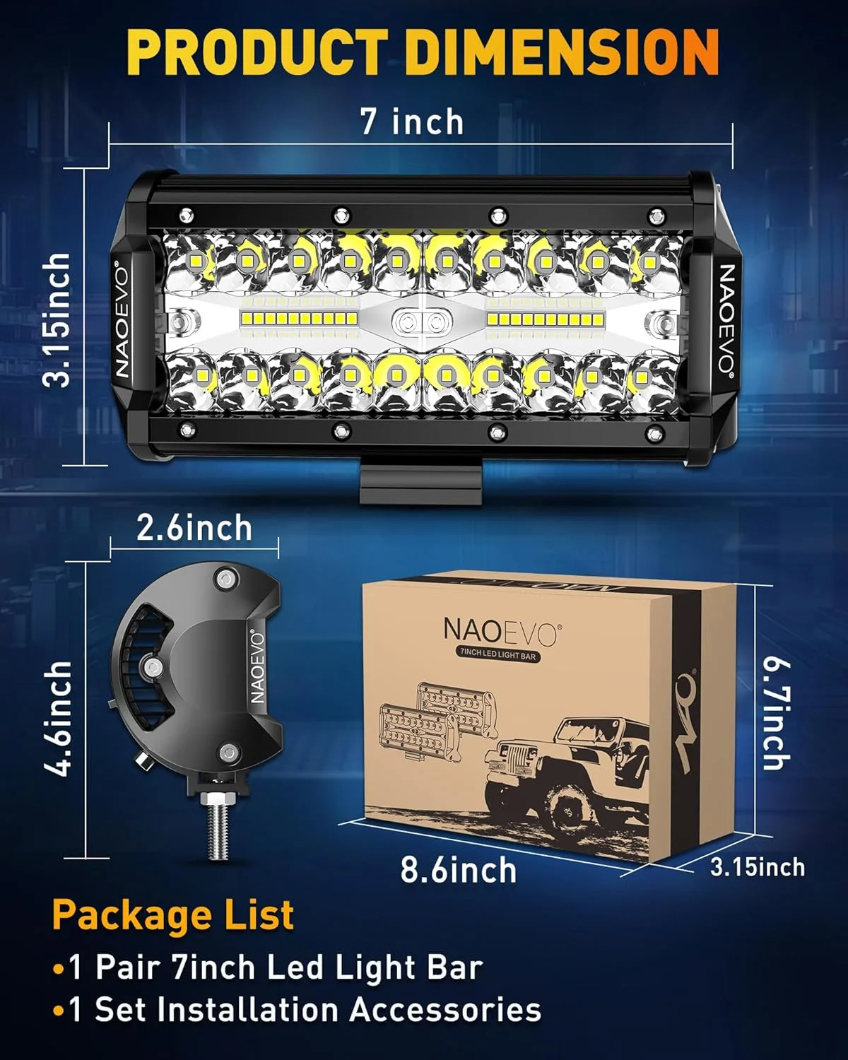 NAOEVO 7 Inch LED Light Bar, 240W 24,000LM LED Pods/Off Road/Fog/Driving Lights