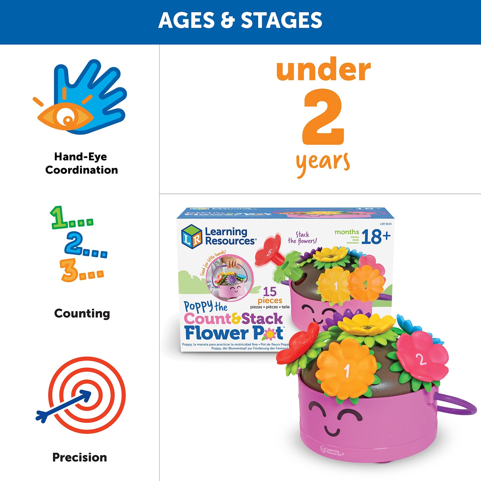 Learning Resources Poppy the Count & Stack Flower Pot – 15 Pieces, Ages 18+